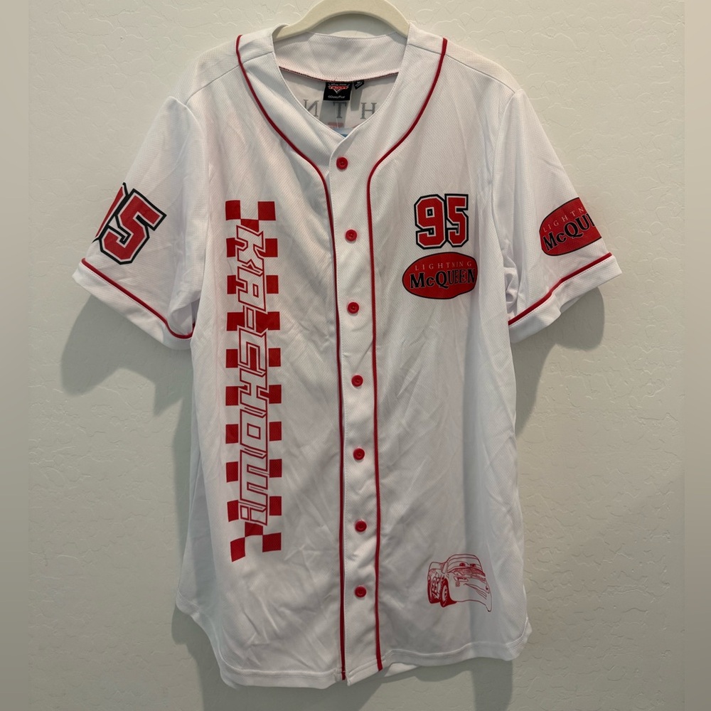 Disney Pixar Cars Lightening McQueen Baseball Button Up Jersey Shirt KA-CHOW NWT